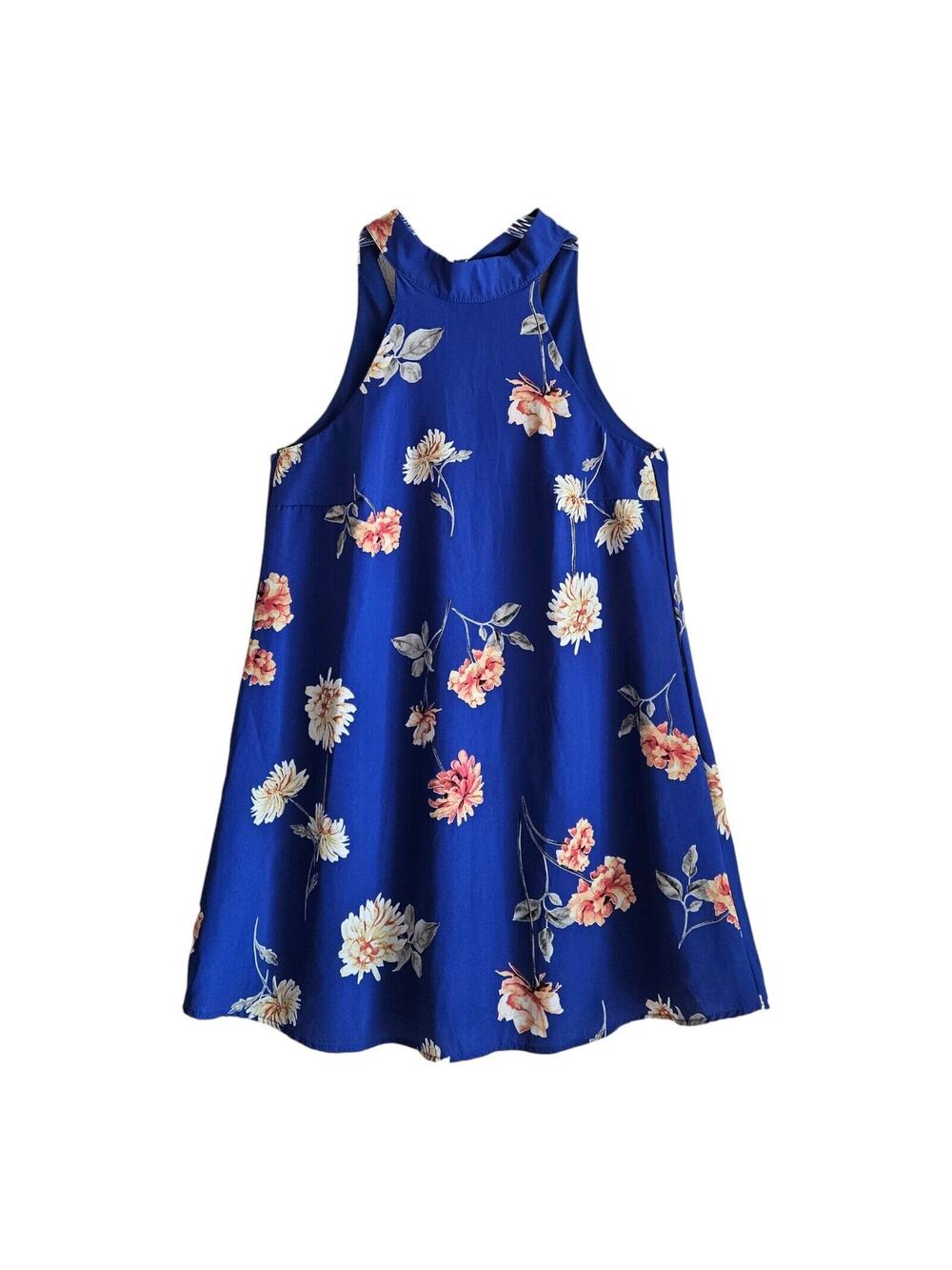 LULUS Women's Size S Darling Dearest Dress Swing Mini Blue Floral Tie Neck
